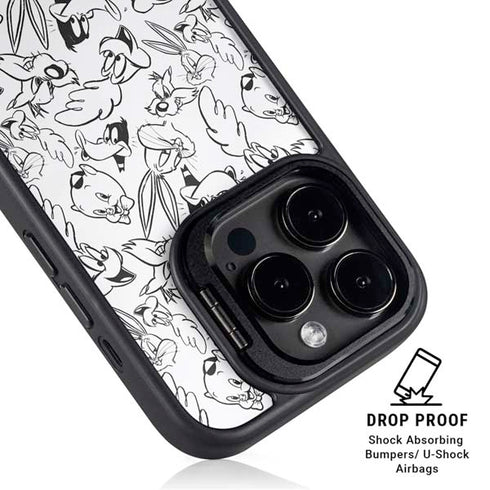 Looney Tunes Looney Squad Black and White Grid iPhone 14 Pro Kickstand Case